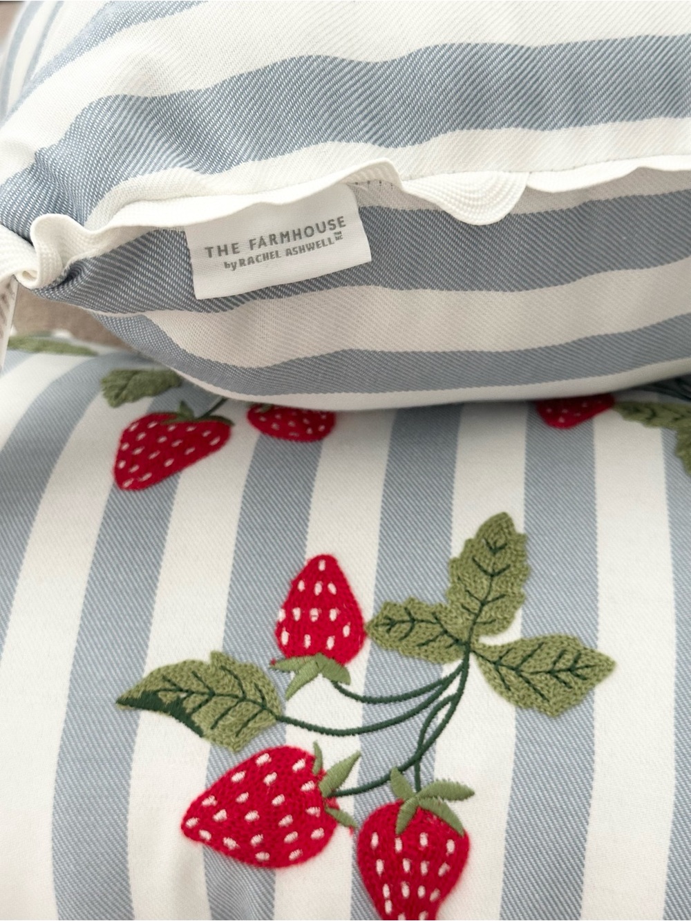 Set of 2 Strawberry Embroidered Blue & White Stripes Indoor/Outdoor Throw Pillow - Picture 5 of 17